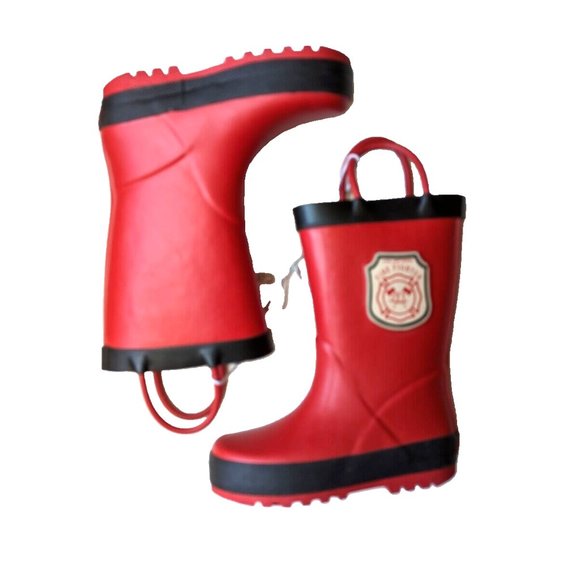Carter's Toddler Boy Rain Boot Kids FIRE FIGHTER Rainboot Pull-On Handle Red 5,6 - Picture 4 of 6